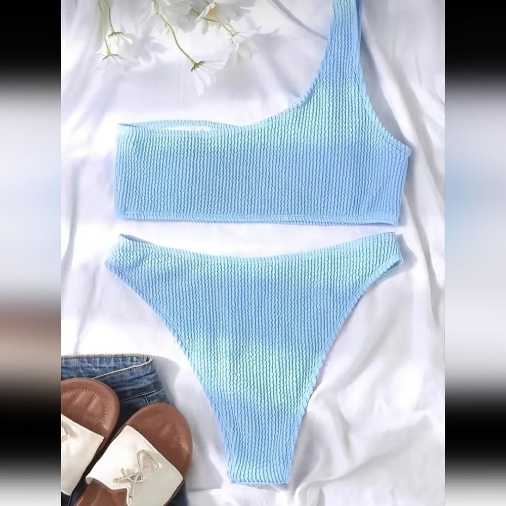 One Shoulder Rib Knit Texture Bikini Set sz Medium - Picture 6 of 6